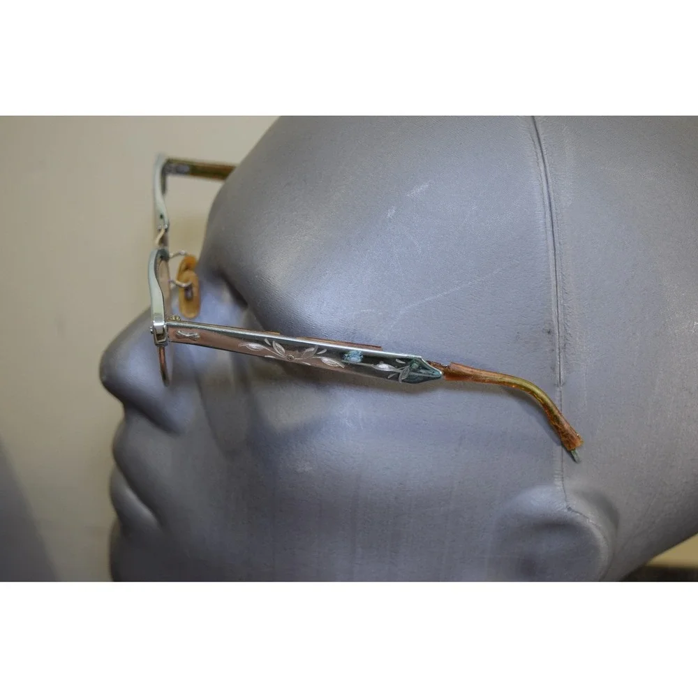 Vintage 1950's RICH LADY Eyeglasses Chrome Silver Etched FLAWS - PARTS OR REPAIR